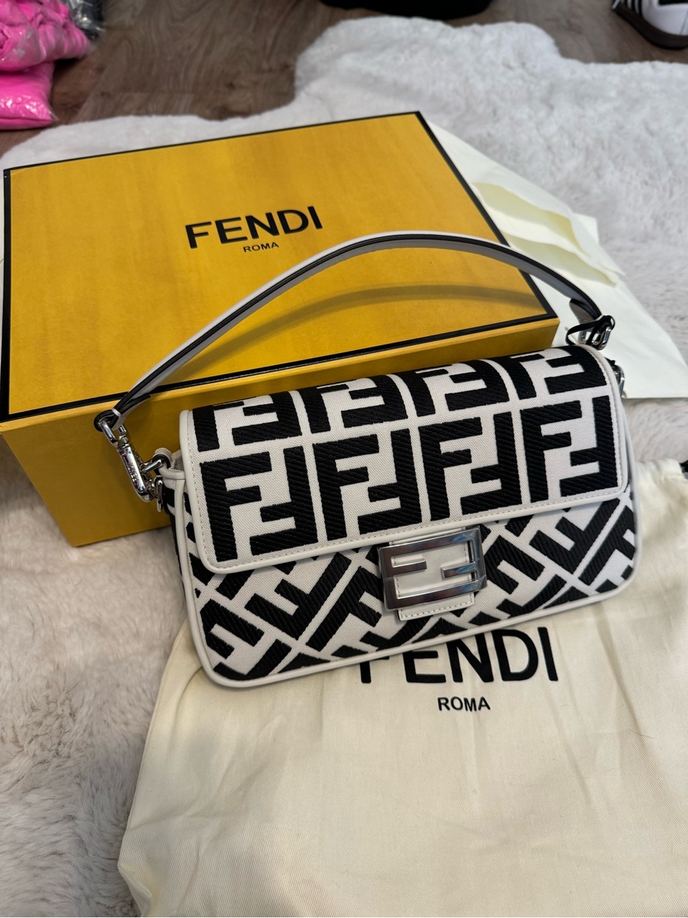 Fendi Black & White FF Jacquard Medium Baguette